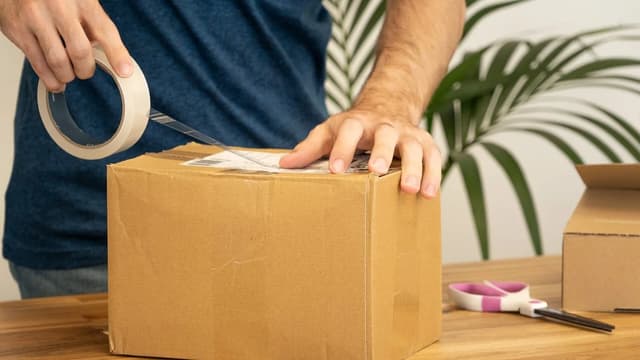 Mãos fechando uma caixa de papelão com fita adesiva sobre uma mesa de madeira