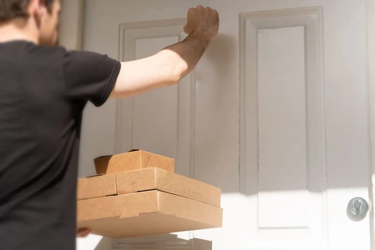 Entregador batendo na porta com caixas de papelão nas mãos