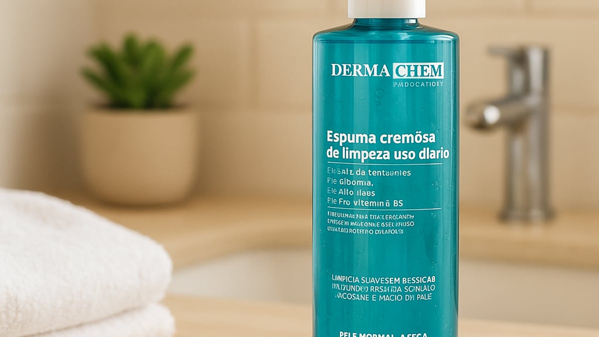 Frasco da Espuma Cremosa de Limpeza 240ml da Hummy ao lado de um sérum e de um hidratante, sobre bancada de mármore