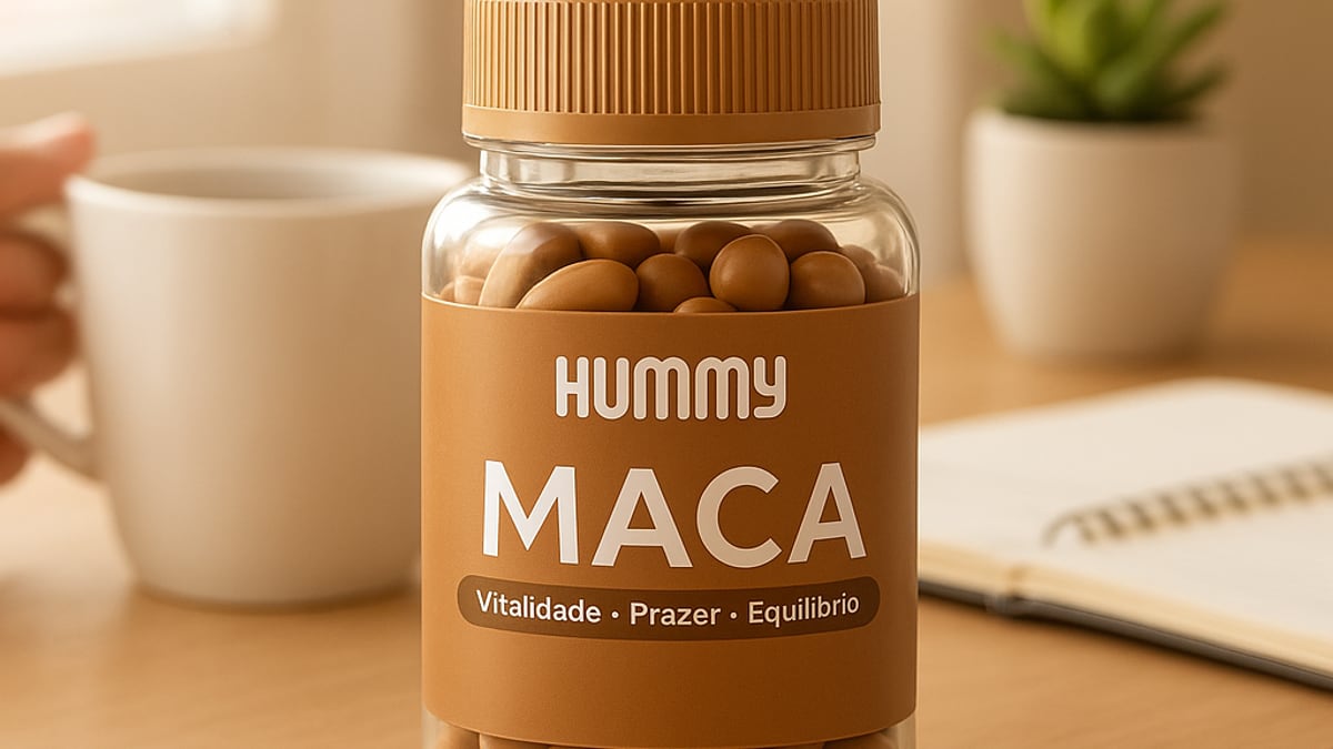 Frasco de Hummy Maca sobre bancada de madeira ao lado de uma xícara de café e um caderno aberto