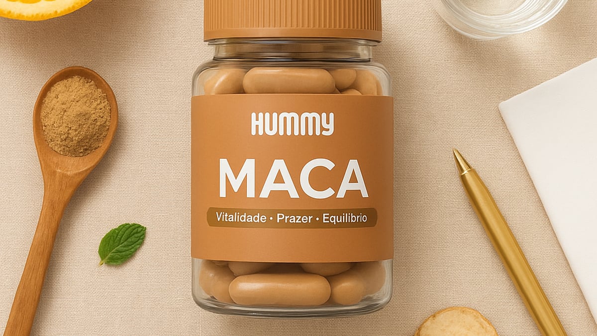 Frasco de Hummy Maca ao lado de um copo de água e um despertador sobre a mesa de cabeceira