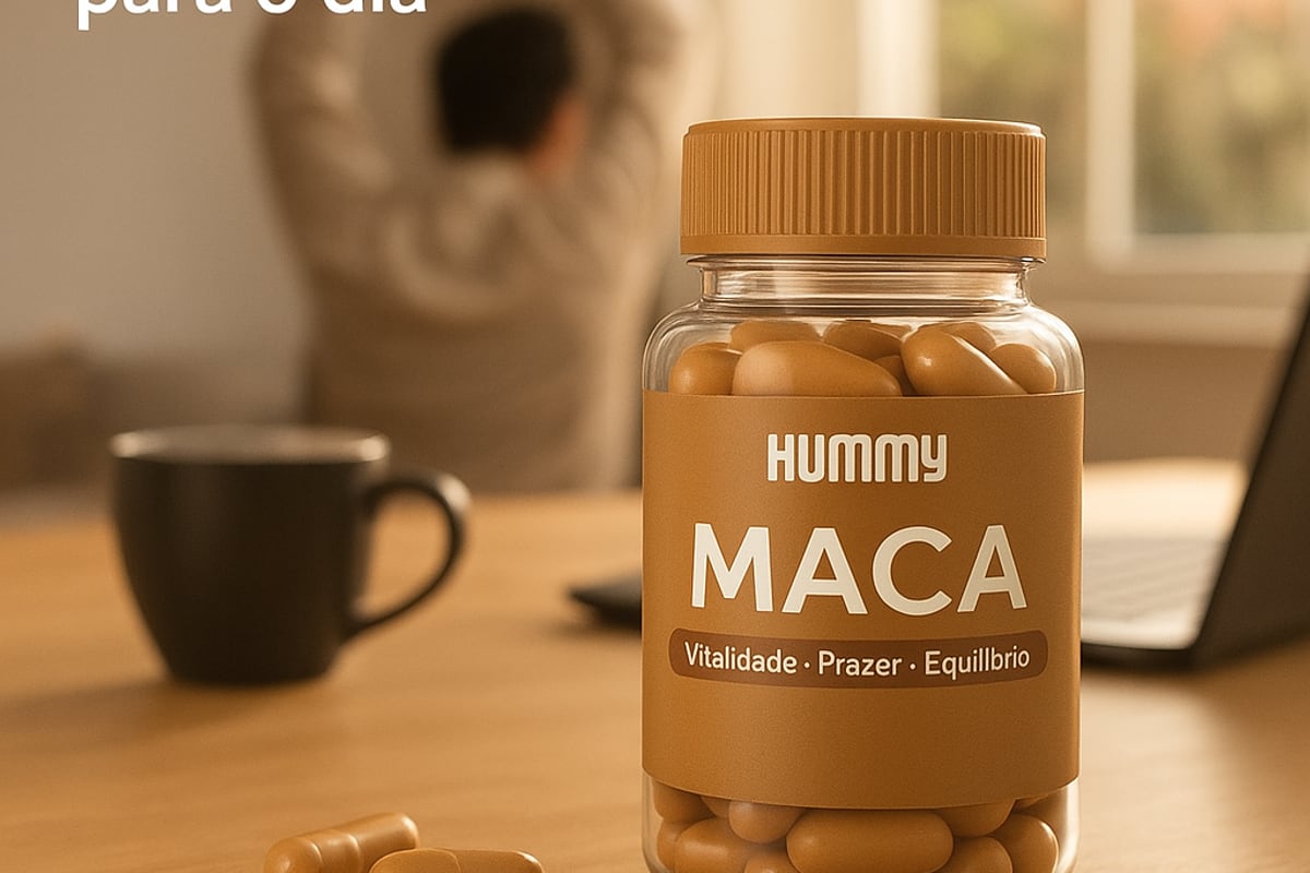 Frasco de Hummy Maca em pé sobre a mesa da cozinha, com uma xícara de café ao fundo pela manhã