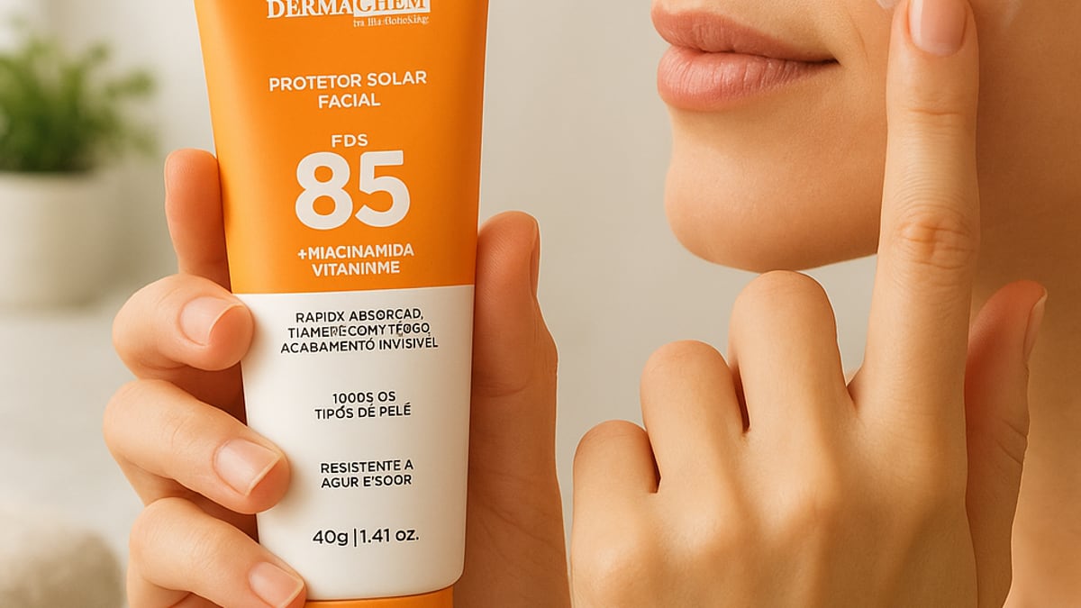 Tubo do Protetor Solar Facial FPS 85 40g da Hummy sobre uma toalha de praia listrada, com óculos escuros ao lado