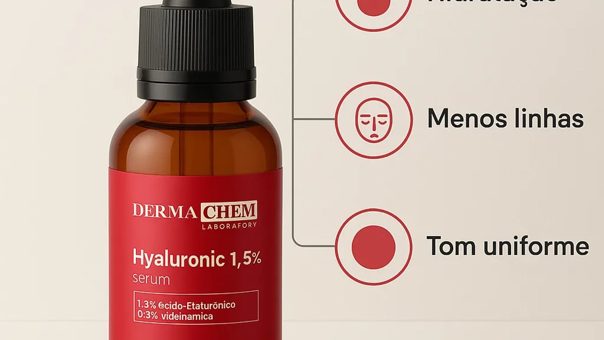 Frasco do Serum Facial Ácido Hialurônico Hummy sobre uma mesa de escritório, ao lado de um teclado e uma garrafa de água