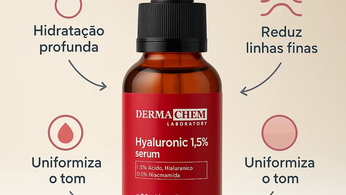 Frasco do Serum Facial Ácido Hialurônico Hummy em cima de uma bancada de banheiro, com luz da manhã entrando pela janela