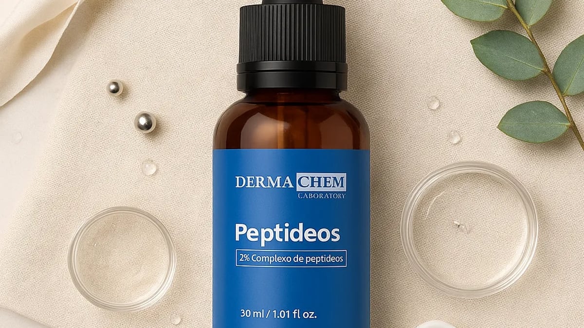 Frasco do Serum Facial Peptídeos Hummy ao lado de um despertador e de uma xícara de café numa mesa de cabeceira