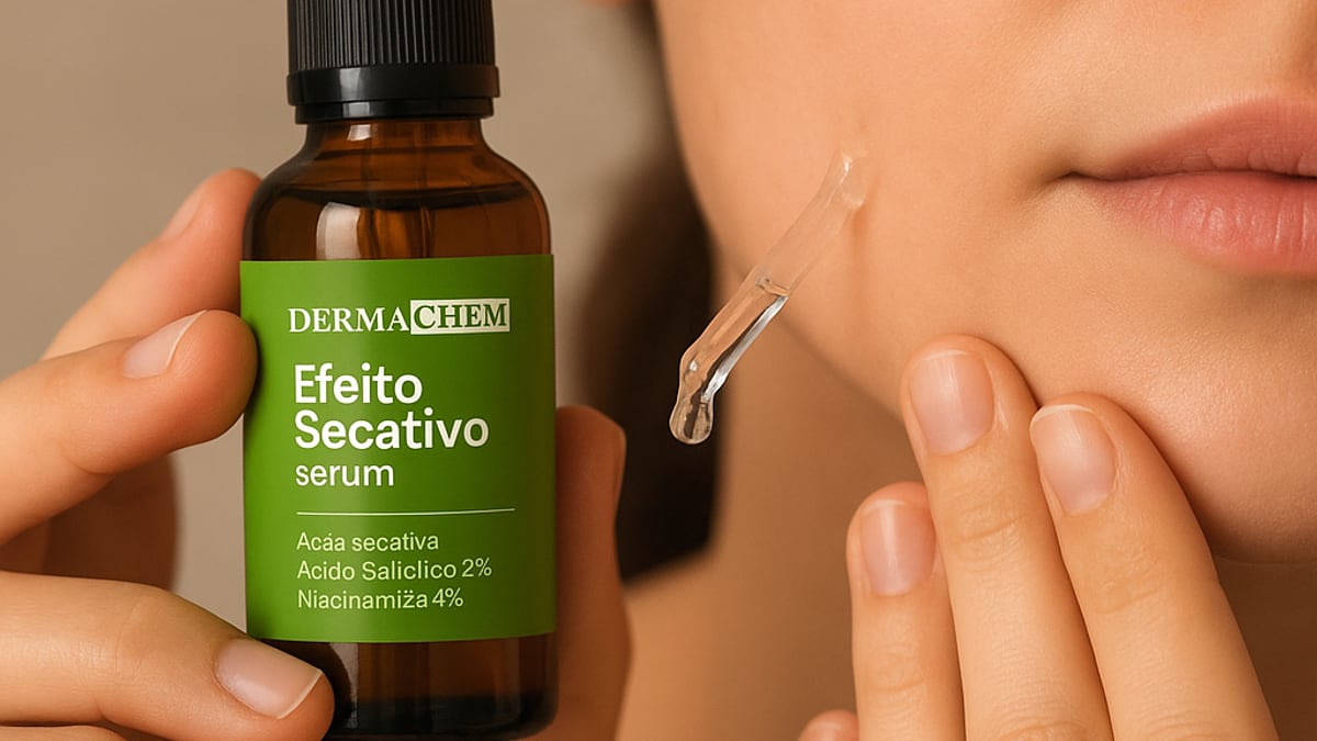 Frasco do Sérum Facial Secativo Hummy sobre pedra clara, com folhas verdes desfocadas ao fundo