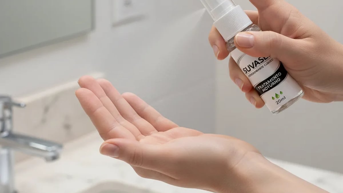 Frasco do Antitranspirante Clínico Suvasec 20ml da Hummy em pé sobre uma toalha branca dobrada, ao lado de um secador de cabelo